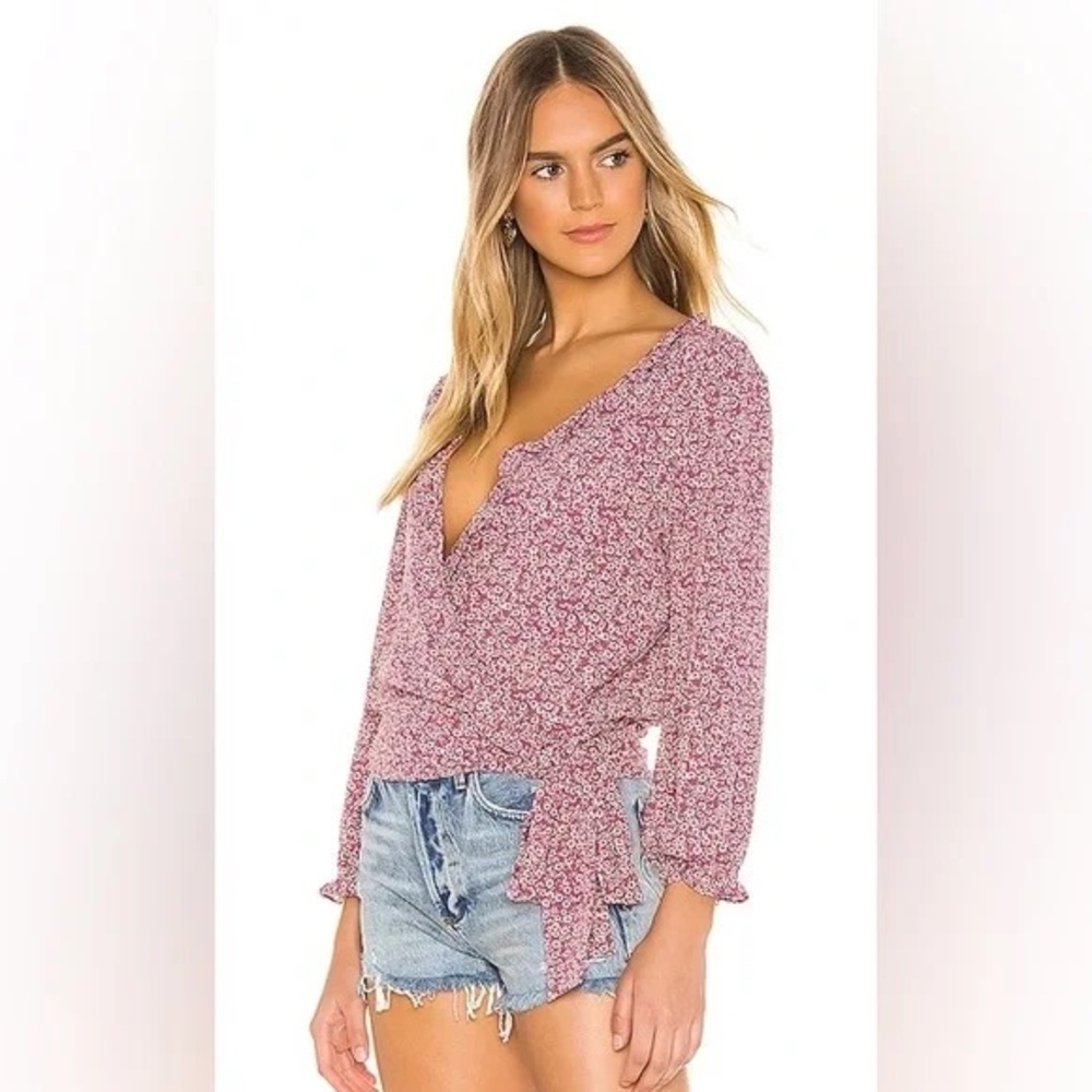 1. State Wildflower Ditsy Ruffle Wrap Top in Purple Floral